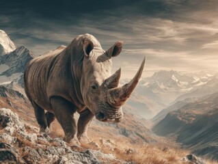 Fototapeta premium A single rhinoceros observes the viewer from a mountainous landscape under an overcast sky with snow-covered peaks.