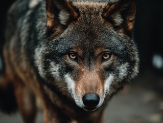 Fototapeta premium A close-up photograph showcases a wolf's head with intense yellow eyes set against a softly blurred natural background.