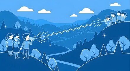 Young Students Using Binoculars and Telescope in Blue Mountain Landscape