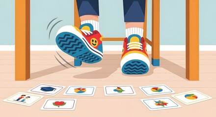 Colorful Sneakers Under Desk with Card Game Cards on Floor