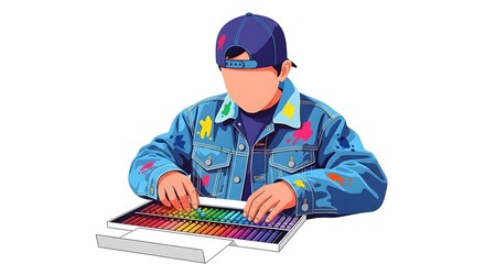 Young Artist Wearing Denim Jacket and Cap Painting with Colorful Crayons