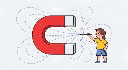 Young Boy Drawing Magnetic Field Lines with Red U Magnet