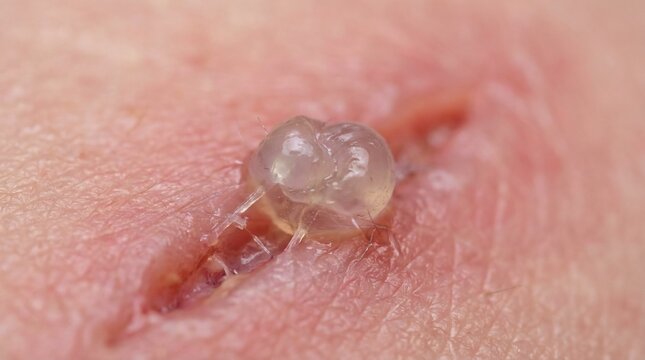Extreme close-up of a skin wound with a clear, fluid-filled blister or pustule forming