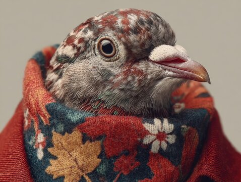 A pigeon wears a colorful scarf around its head in this close-up photograph.