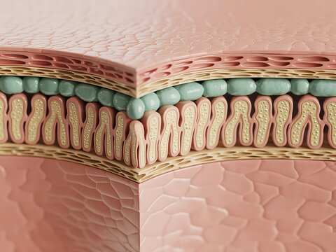 Detailed illustration of human skin cellular structure with layers visible