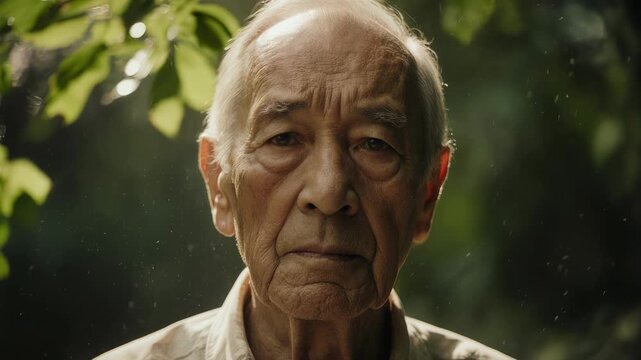 Elderly man in a pensive mood gazing directly at the viewer