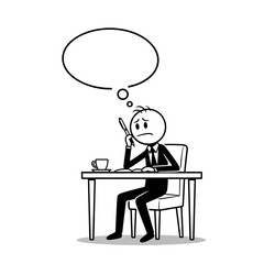 Stick Figure Businessman Sitting at Desk Thinking with Empty Thought Bubble.