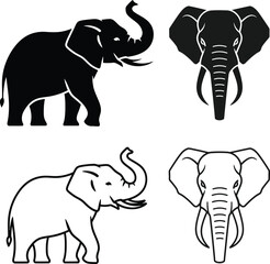 Fototapeta premium Elephant vector icon set: black silhouette, outline, and front view head with tusks, isolated on white