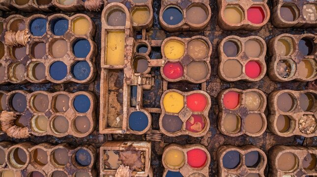 Aerial geometric pattern of traditional leather dye vats in Fez, Morocco.