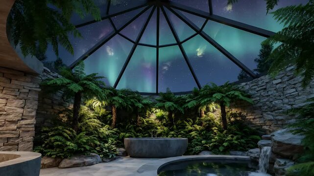 Tropical Indoor Spa with Stone Tub Under Aurora Glass Dome