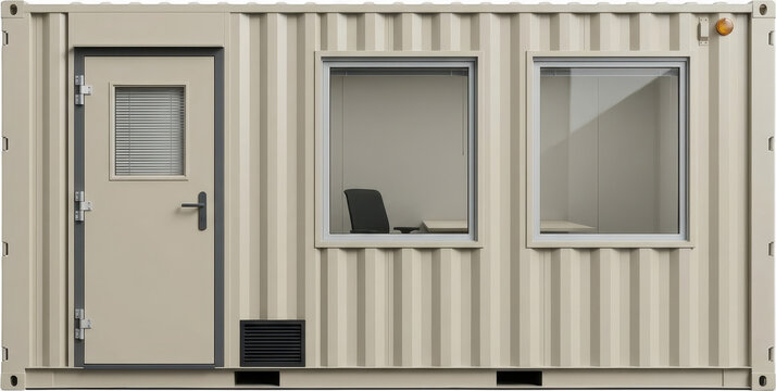 A beige corrugated portable office container with a door two windows revealing an interior desk and chair and a warning light at the top modular structure shipping building