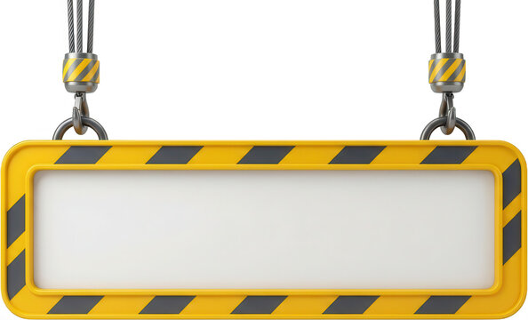 A blank rectangular sign with yellow and black hazard stripes suspended by industrial crane cables and hooks ready for text construction warning banner message empty space