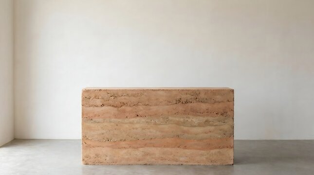 Minimalist Rammed Earth Console Table Monolithic Block with Natural Soil Layers and Textured Finish in Empty Room