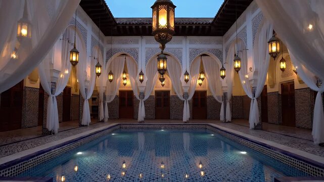 Luxury Moroccan Riad Courtyard Pool Illuminated at Dusk