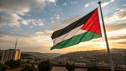 Fototapeta premium Palestinian Flag Waving Over Middle Eastern Cityscape