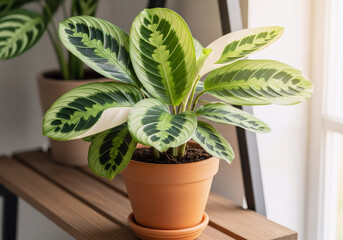 Healthy Variegated Dieffenbachia Houseplant in Terracotta Pot by Window for Modern Home Decor