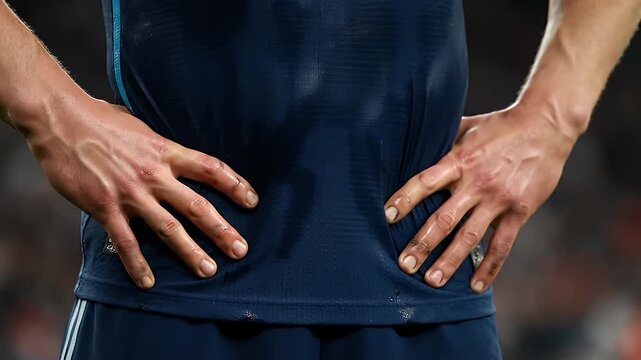 Tired Sweaty Athlete Places Hands on Hips After Intense Effort