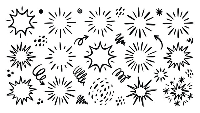 Hand drawn doodle burst elements with organic ink strokes and natural imperfect lines. Dynamic abstract shapes for branding, social media, and UI decoration. Isolated vecto style illustration