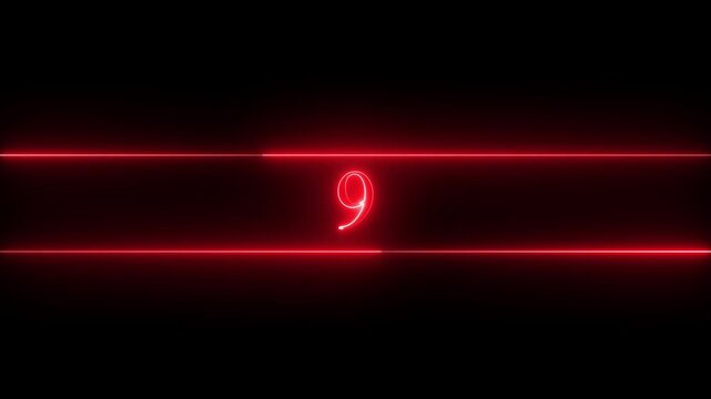 Neon number 9 educational mathematics animated icon with glowing line style on black background. Represents learning, counting, numeracy, math education, first step, beginner.