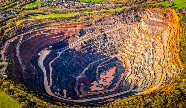 Aerial open-pit quarry and industrial landscape near Coalville, Leicestershire
