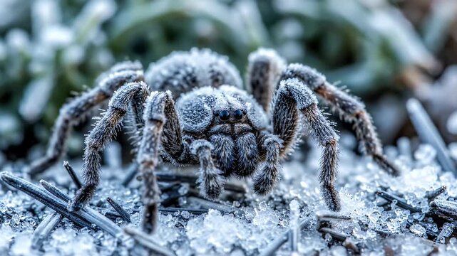 Frozen Wolf Spider Covered in Frost Crystals on Winter Ground