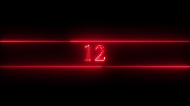 Neon number 12 educational mathematics animated icon with glowing line style on black background. Represents learning, counting, numeracy, math education, first step, beginner.