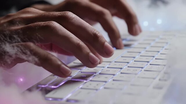 Close-up of Hands Typing on a Modern Keyboard Emitting Blue Light and Smoke, Representing Secure and Advanced Data Processing