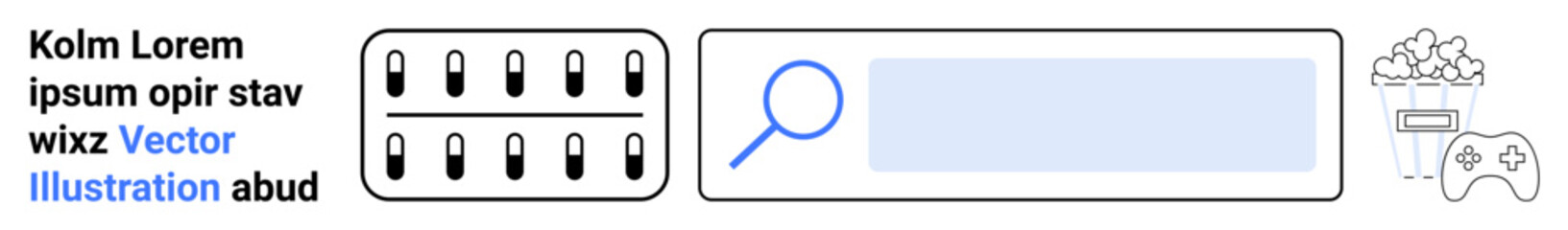 Obraz premium Online search, user interface design, digital navigation, entertainment categories, gaming icons, web development. A search bar with magnifying glass, keypad symbols and icons. Online search and UI