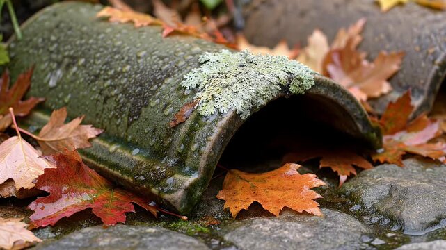 Rustic drain tile covered in lichen and wet autumn leaves on stone