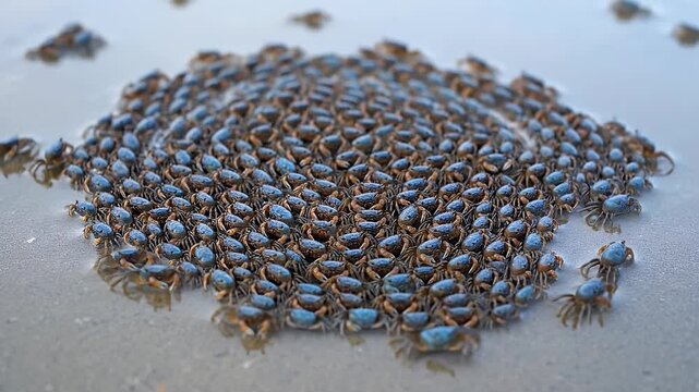 Swarm of Tiny Blue Crabs Clustering on Wet Sand Beach