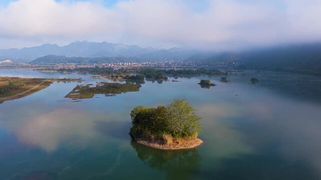 Aerial Jiangnanbao Wetland Tonglu Hangzhou China with Islands and Mountains
