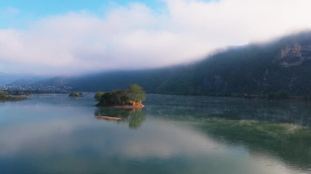 Aerial Jiangnan Bao Wetland Tonglu Hangzhou China - Misty Mountain Lake