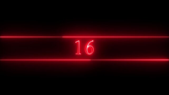 Neon number 16 educational mathematics animated icon with glowing line style on black background. Represents learning, counting, numeracy, math education, first step, beginner.