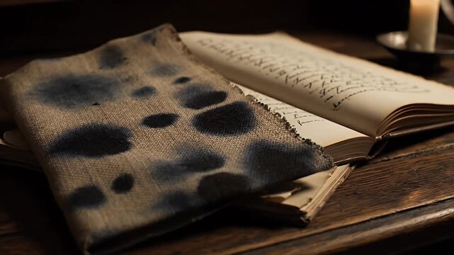 Mysterious Stained Cloth and Open Old Handwritten Ledger on Desk