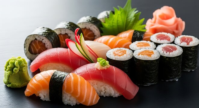 Assorted sushi and sashimi arranged with garnishes on a sleek surface from a high viewpoint