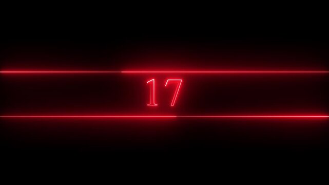 Neon number 17 educational mathematics animated icon with glowing line style on black background. Represents learning, counting, numeracy, math education, first step, beginner.