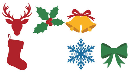 Obraz premium Christmas Icons Set: Reindeer, Holly, Bells, Stocking, Snowflake, Bow