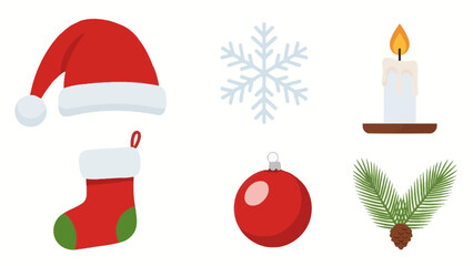 Christmas Icons Set: Santa Hat, Stocking, Snowflake, Ornament, Candle, Pine Branch