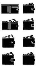 Collection of Black Wallets with Cash Icons, Money and Business Concept
