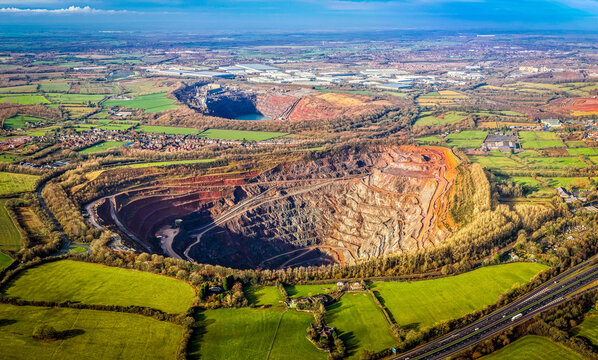 Aerial open-pit quarry and industrial landscape near Coalville, Leicestershire