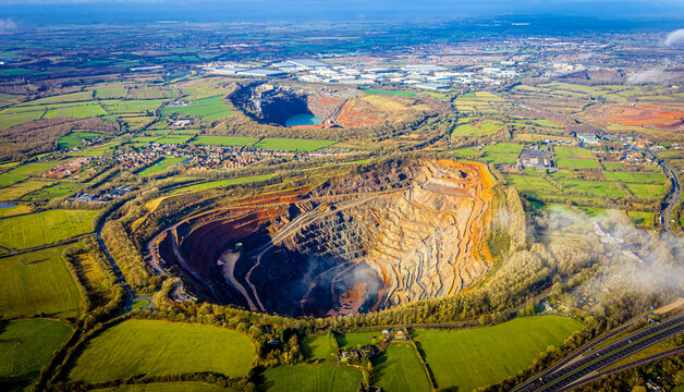 Aerial open-pit quarry and industrial landscape near Coalville, Leicestershire