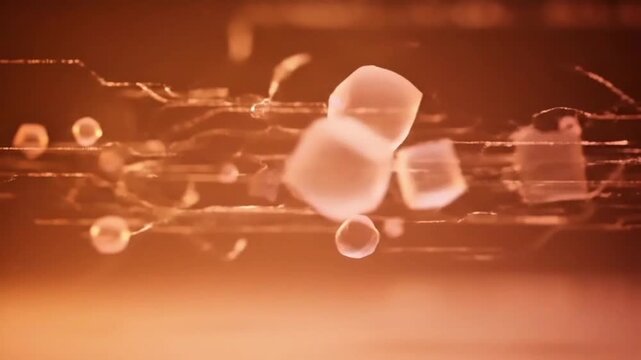 Abstract illustration of glowing cuboid and spherical particles moving through a dynamic digital network, representing data flow or microscopic scientific processes