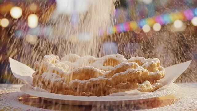 Powdered sugar dusting a funnel cake at a fair