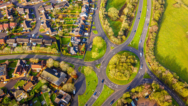 Drone aerial of Field Head village and suburban housing, Leicestershire UK