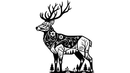 Fototapeta premium Elegant Stag with Intricate Floral and Forest Designs, Black and White