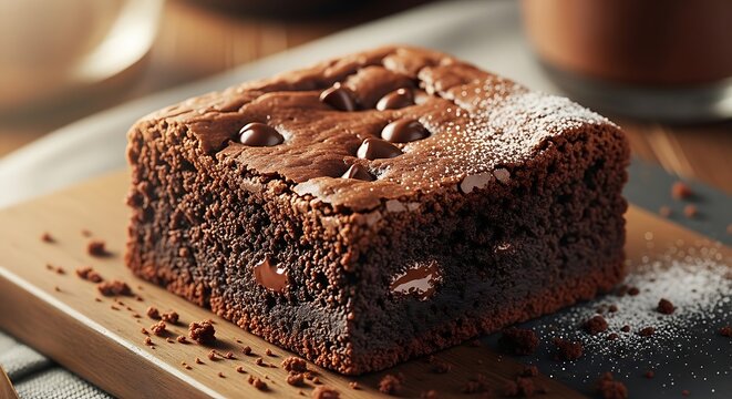 A rich chocolate brownie with powdered sugar on a wooden board, captured from a high angle