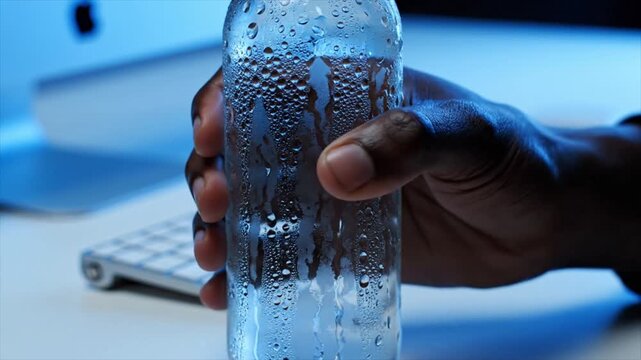 Man's Hand Grabs Cold Glass Water Bottle with Heavy Condensation on Office Desk, Refreshing Break Time 4k video animation seamless loop