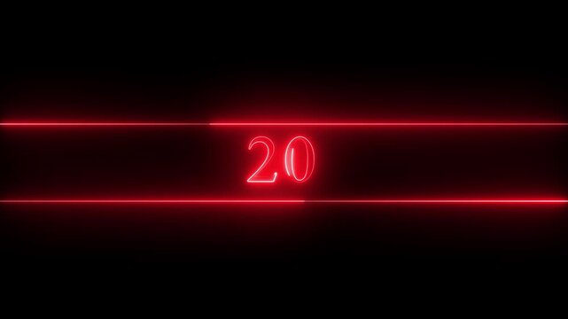 Neon number 20 educational mathematics animated icon with glowing line style on black background. Represents learning, counting, numeracy, math education, first step, beginner.