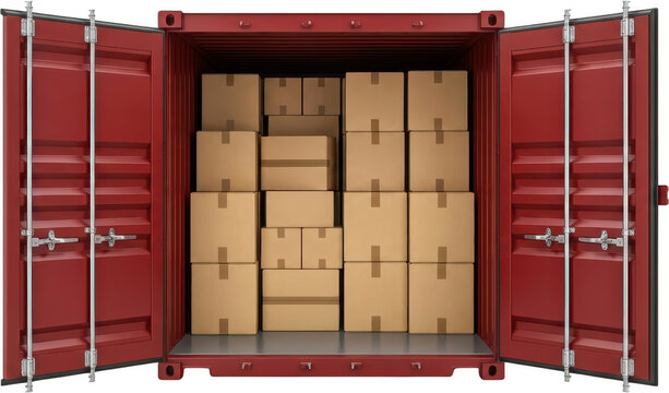 Open red shipping container with numerous stacked cardboard boxes inside ready for transport and logistics cargo freight delivery goods storage trade import export warehouse