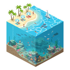 Isometric Illustration of Underwater Ocean Scene with Beach. © Anak